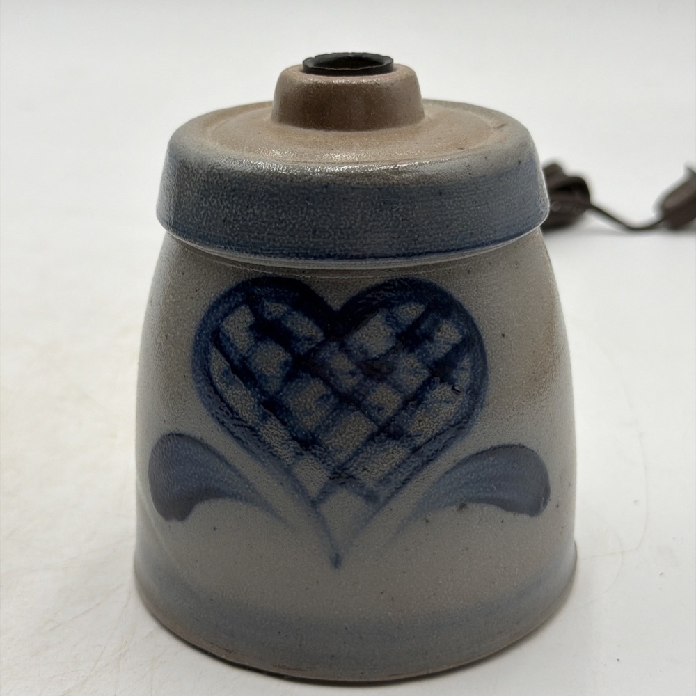 Rowe Pottery Works Gray Salt Glazed Small Crock Lamp with Blue Heart Design 1992